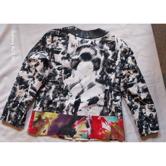Chico Size 2 Jacket Long Sleeve Artsy Black & White Sequins Y2K Bling Geisha - Picture 6 of 12